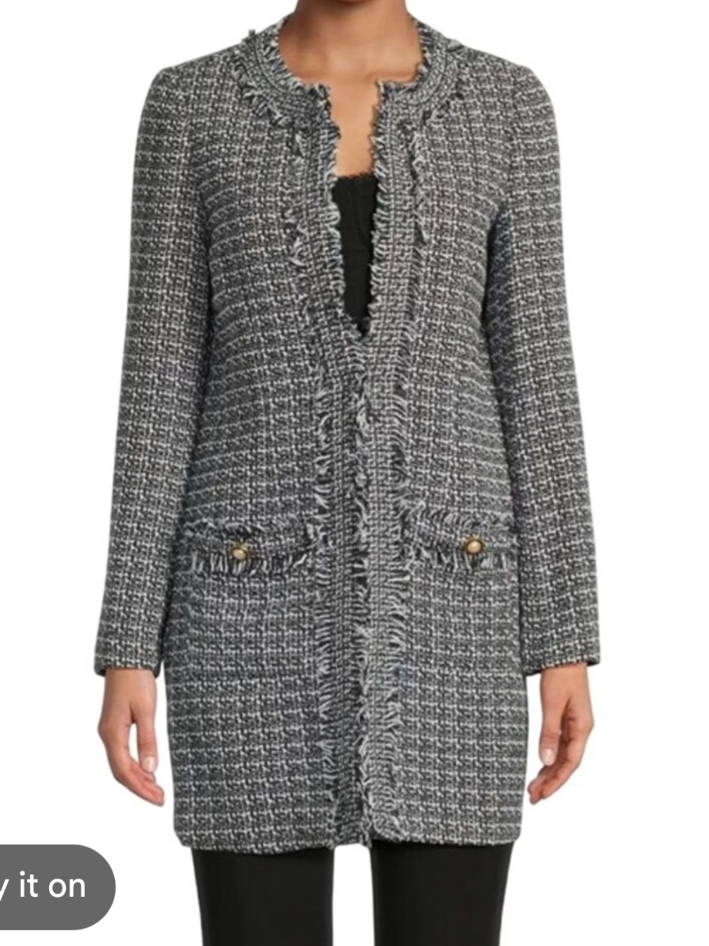 Nanette Lepore Black and Gray Tweed Frayed Blazer